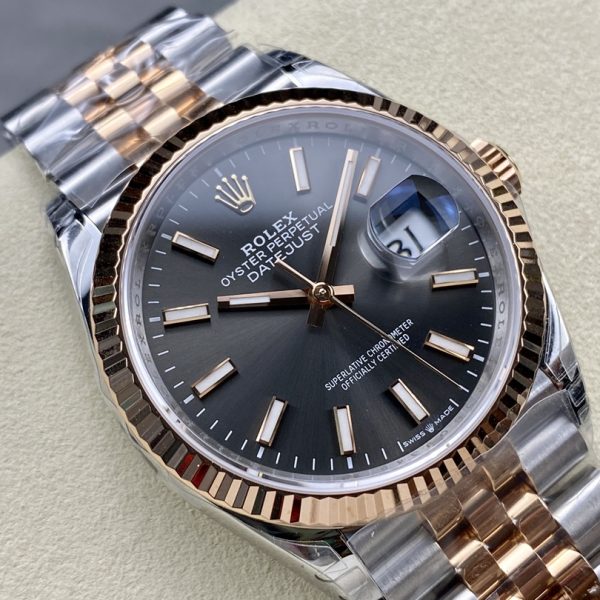 VS Factory Rolex Datejust 36mm Two-Tone Rose Gold Sunburst Slate Dial Jubilee Bracelet (126231) — detail view 2