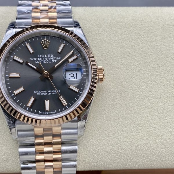 VS Factory Rolex Datejust 36mm Two-Tone Rose Gold Sunburst Slate Dial Jubilee Bracelet (126231) — detail view 1