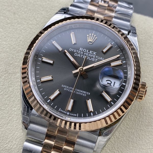 VS Factory Rolex Datejust 36mm Two-Tone Rose Gold Sunburst Slate Dial Jubilee Bracelet (126231) — detail view 4