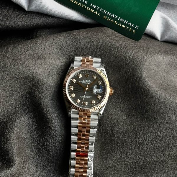 VS Factory Rolex Datejust 36 Two-Tone Everose Gold Slate Grey Fluted Motif Diamond Dial (126231) — front product view