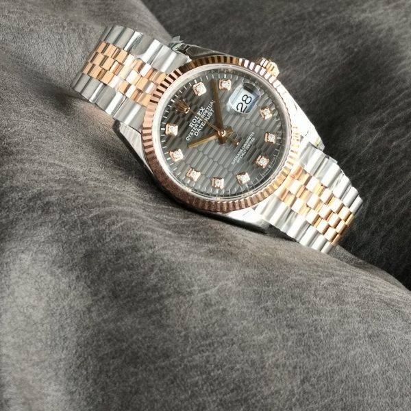 VS Factory Rolex Datejust 36 Two-Tone Everose Gold Slate Grey Fluted Motif Diamond Dial (126231) — detail view 6