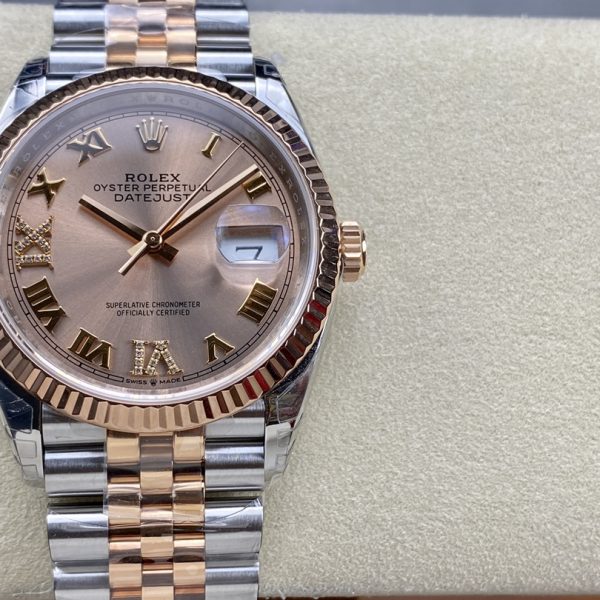 VS Factory Rolex Datejust 36mm Two-Tone Rose Gold Rosé Dial with Diamond Roman Makes (126231) — detail view 1