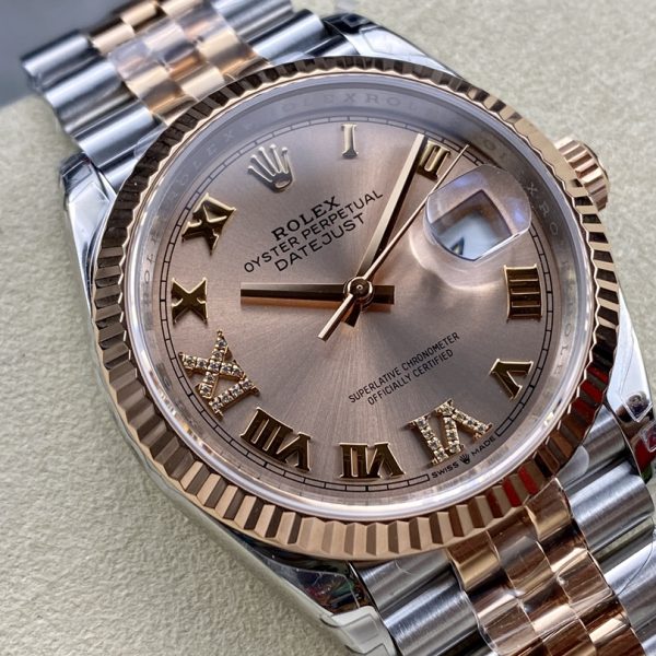 VS Factory Rolex Datejust 36mm Two-Tone Rose Gold Rosé Dial with Diamond Roman Makes (126231) — detail view 2
