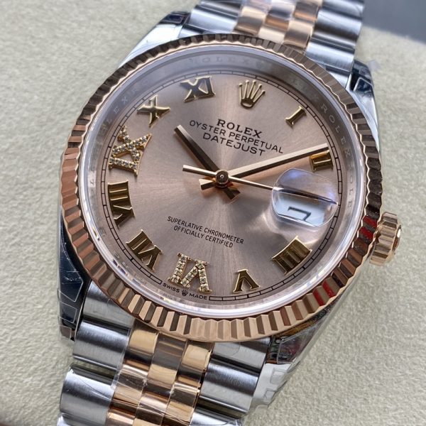 VS Factory Rolex Datejust 36mm Two-Tone Rose Gold Rosé Dial with Diamond Roman Makes (126231) — detail view 4