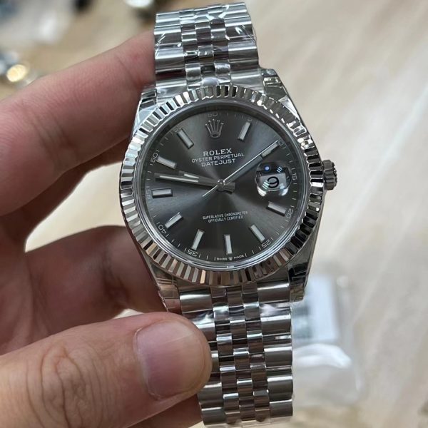 VS Factory Rolex Datejust 41mm Sunburst Slate Grey Dial Fluted Bezel Jubilee Bracelet (126334) — front product view