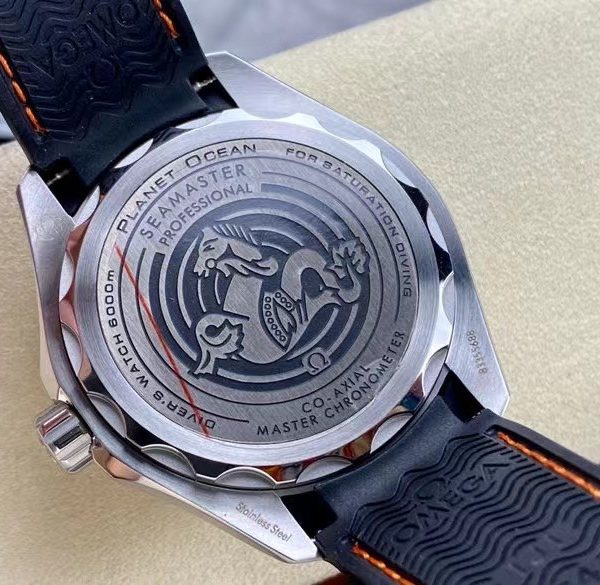 VS Factory Omega Seamaster Ultra Deep 45.5mm Orange Bezel Grey Dial (215.32.46.21.06.001) — detail view 7