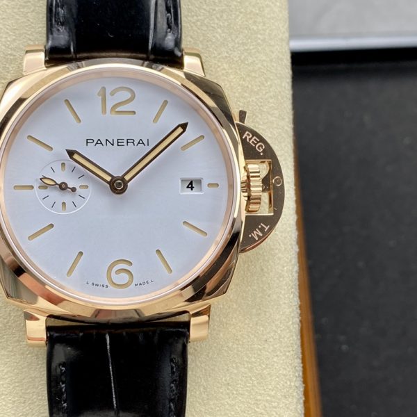 VS Factory Panerai Luminor Due 42mm White Dial Rose Gold Plated Smooth Bezel (PAM01336) — front product view