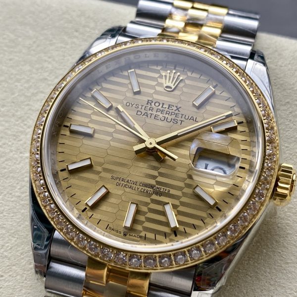 VS Factory Rolex Datejust 36 Two-Tone Yellow Gold Diamond Bezel Golden Fluted Motif (126283RBR) — detail view 2