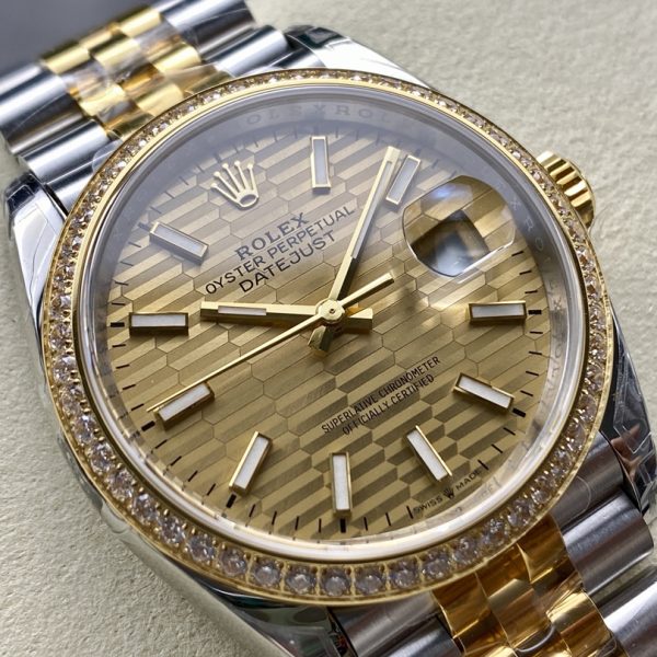 VS Factory Rolex Datejust 36 Two-Tone Yellow Gold Diamond Bezel Golden Fluted Motif (126283RBR) — detail view 3