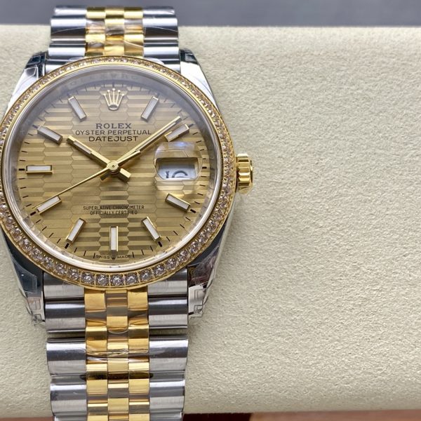 VS Factory Rolex Datejust 36 Two-Tone Yellow Gold Diamond Bezel Golden Fluted Motif (126283RBR) — front product view