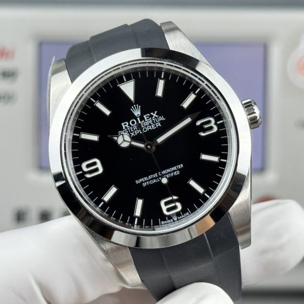 VS Factory Rolex Explorer 40mm Black “3-6-9” Dial Smooth Bezel Oysterflex Strap (224270 Custom) — detail view 5