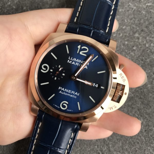 VS Factory Panerai Luminor Marina Blue Dial Blue Leather Strap Goldtech Bezel (PAM01112) — detail view 3