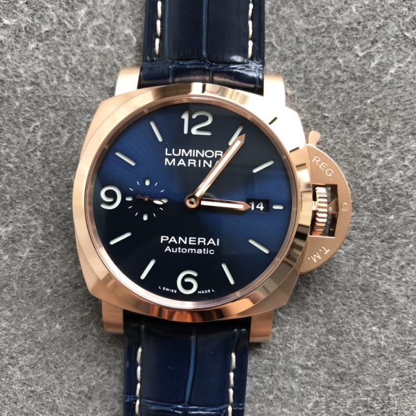 VS Factory Panerai Luminor Marina Blue Dial Blue Leather Strap Goldtech Bezel (PAM01112) — front product view
