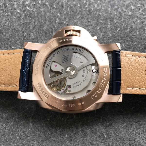 VS Factory Panerai Luminor Marina Blue Dial Blue Leather Strap Goldtech Bezel (PAM01112) — detail view 8