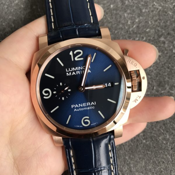 VS Factory Panerai Luminor Marina Blue Dial Blue Leather Strap Goldtech Bezel (PAM01112) — detail view 2