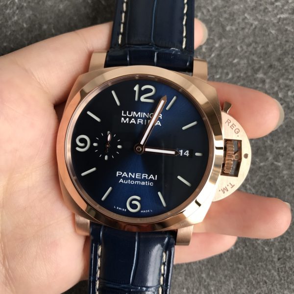 VS Factory Panerai Luminor Marina Blue Dial Blue Leather Strap Goldtech Bezel (PAM01112) — detail view 4