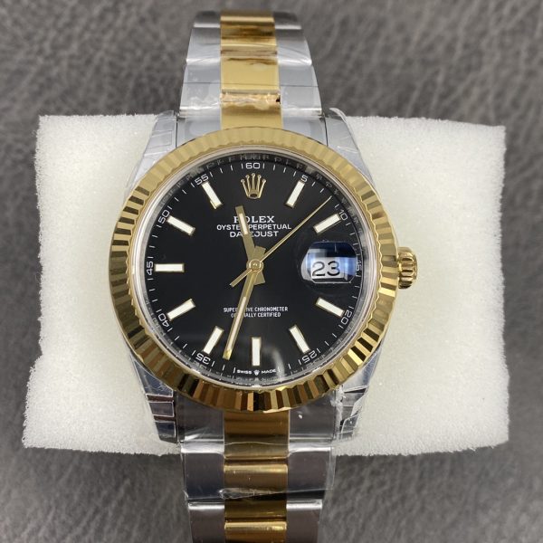 VS Factory Rolex Datejust 41mm Two-Tone Yellow Gold Black Sunburst Dial Fluted Bezel Oyster Bracelet… — front product view