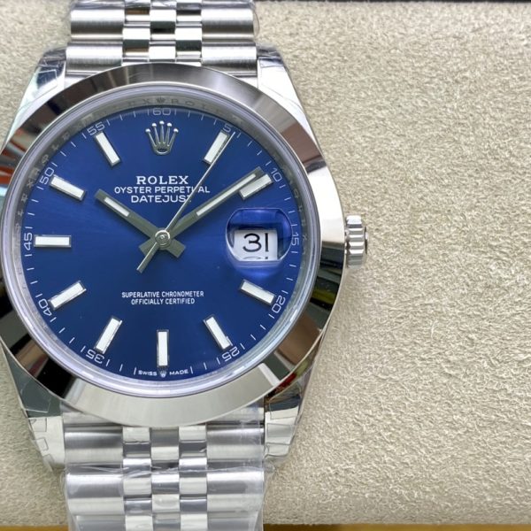 VS Factory Rolex Datejust 41mm Blue Sunburst Dial Smooth Bezel Jubilee Bracelet (126300) — front product view