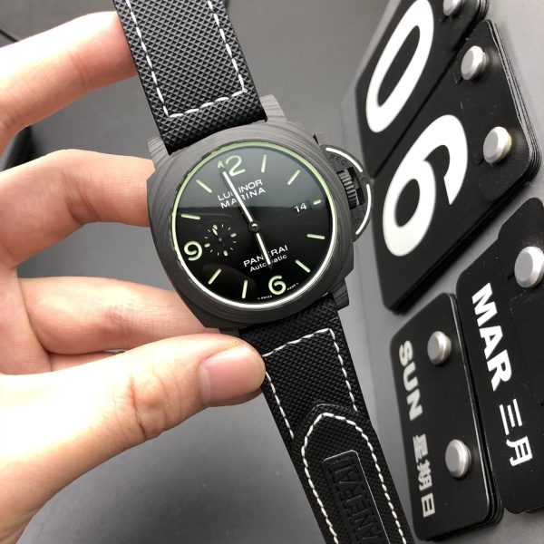VS Factory Panerai Luminor Marina 44mm Black Dial Luminous Arabic Numerals Black Sportech Strap Smooth… — detail view 3