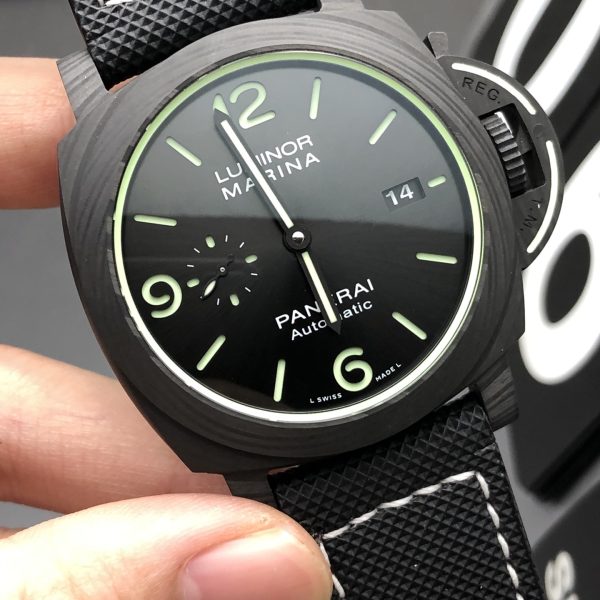 VS Factory Panerai Luminor Marina 44mm Black Dial Luminous Arabic Numerals Black Sportech Strap Smooth… — detail view 2