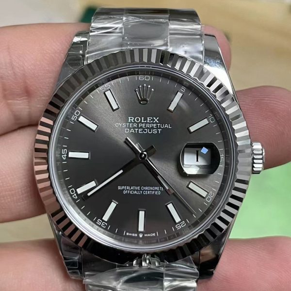 VS Factory Rolex Datejust 41mm Sunburst Slate Grey Dial Fluted Bezel Oyster Bracelet (126334) — front product view