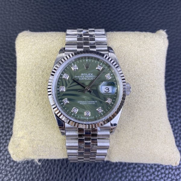 VS Factory Rolex Datejust 36mm Olive Green Palm Motif Diamond Dial Jubilee Bracelet (126234) — front product view