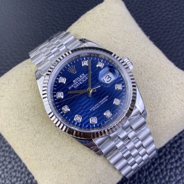 VS Factory Rolex Datejust 36mm Blue Fluted Motif Diamond Dial Jubilee Bracelet (126234) — detail view 2