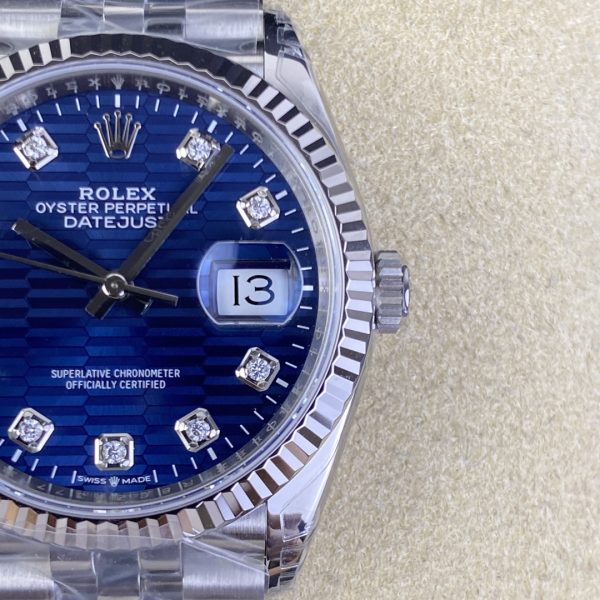 VS Factory Rolex Datejust 36mm Blue Fluted Motif Diamond Dial Jubilee Bracelet (126234) — detail view 3