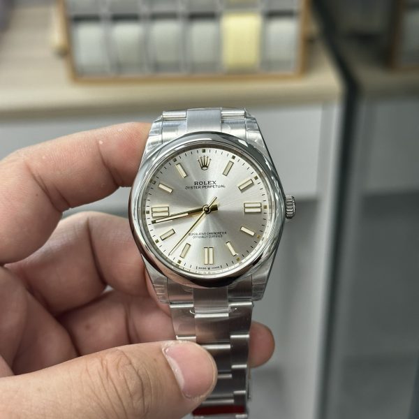 VS Factory Rolex Oyster Perpetual 41mm Silver Sunburst Dial (Gold Accents) Smooth Bezel Oyster Bracelet… — front product view