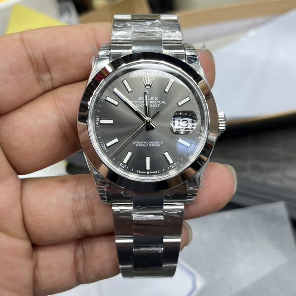 VS Factory Rolex Datejust 41mm Sunburst Slate Grey Dial Smooth Bezel Oyster Bracelet (126300) — front product view
