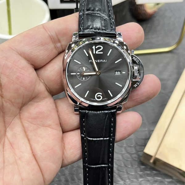 VS Factory Panerai Luminor Due 42mm Grey Dial Black Leather Strap Smooth Bezel (PAM01250) — front product view