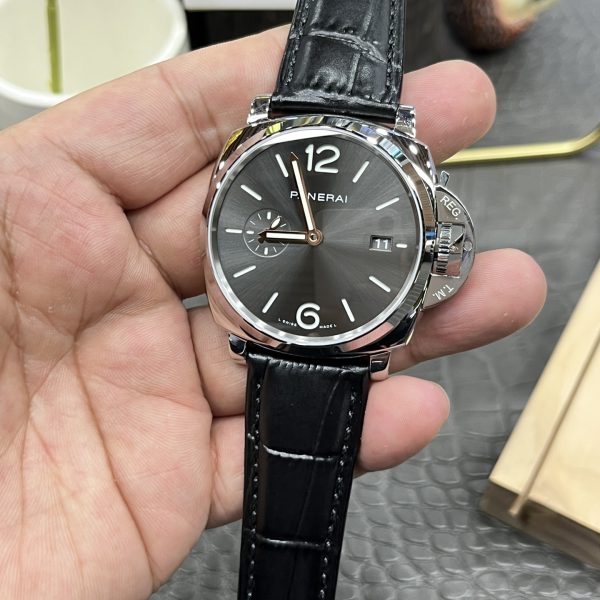 VS Factory Panerai Luminor Due 42mm Grey Dial Black Leather Strap Smooth Bezel (PAM01250) — detail view 9