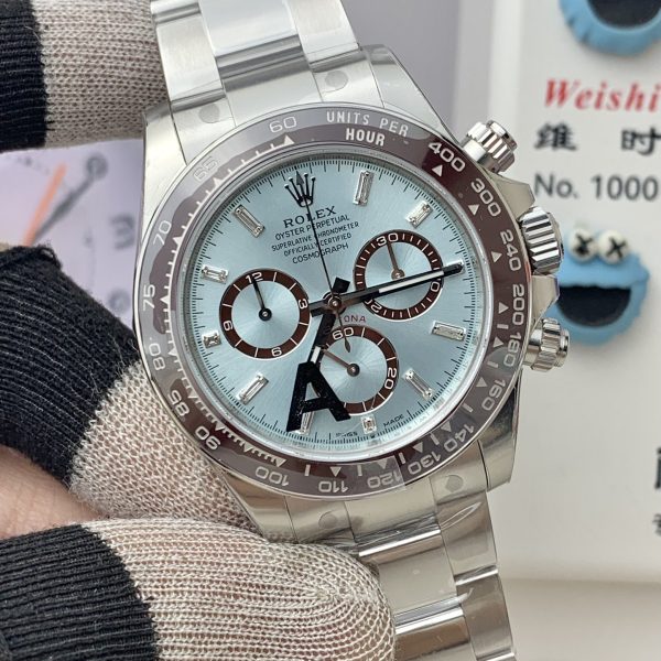 VS Factory Rolex Cosmograph Daytona “Platona” Ice Blue Baguette Diamond Dial (126506) — detail view 2