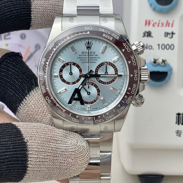VS Factory Rolex Cosmograph Daytona “Platona” Ice Blue Baguette Diamond Dial (126506) — front product view