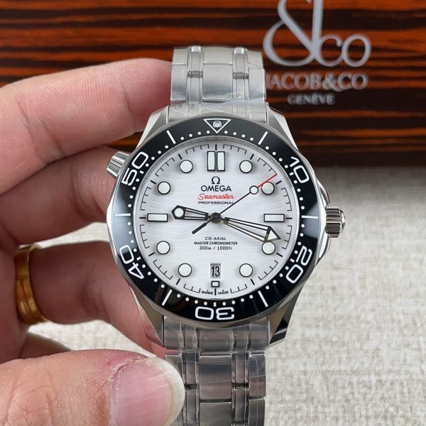 VS Factory Omega Seamaster Diver 300M 42mm White Wave Dial Black Ceramic Bezel (210.30.42.20.04.001) — front product view