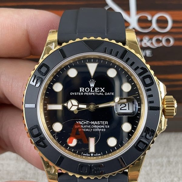 VS Factory Rolex Yacht-Master 42mm Yellow Gold Black Dial Ceramic Bezel Oysterflex Strap (226658) — front product view