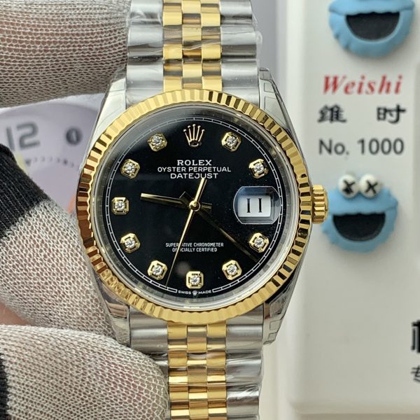 VS Factory Rolex Datejust 36mm Two-Tone Yellow Gold Black Diamond Dial Jubilee Bracelet (126233) — front product view