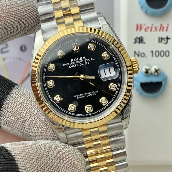 VS Factory Rolex Datejust 36mm Two-Tone Yellow Gold Black Diamond Dial Jubilee Bracelet (126233) — detail view 2