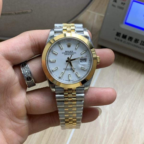 VS Factory Rolex Datejust 41mm Two-Tone Yellow Gold White Dial Smooth Bezel Jubilee Bracelet (126303) — front product view