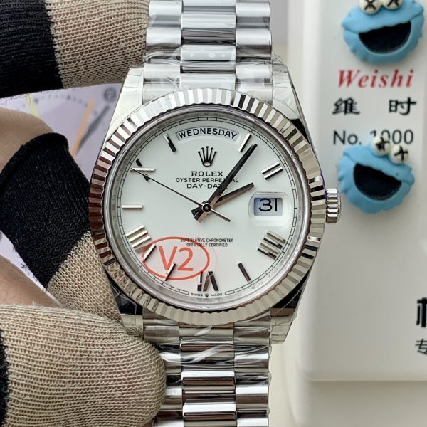 VS Factory (V2) Rolex Day-Date 40mm White Roman Dial Fluted Bezel President Bracelet (228239) — front product view