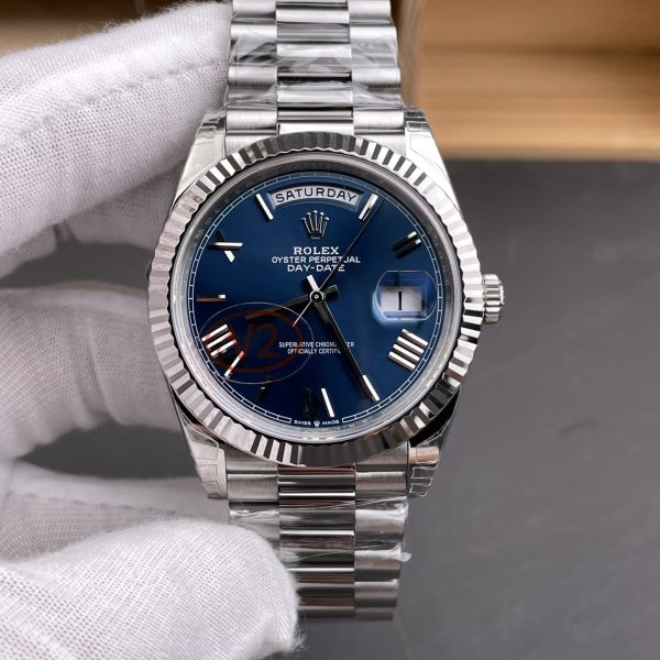 VS Factory (V2) Rolex Day-Date 40mm Blue Sunburst Roman Dial Fluted Bezel President Bracelet (228239) — front product view