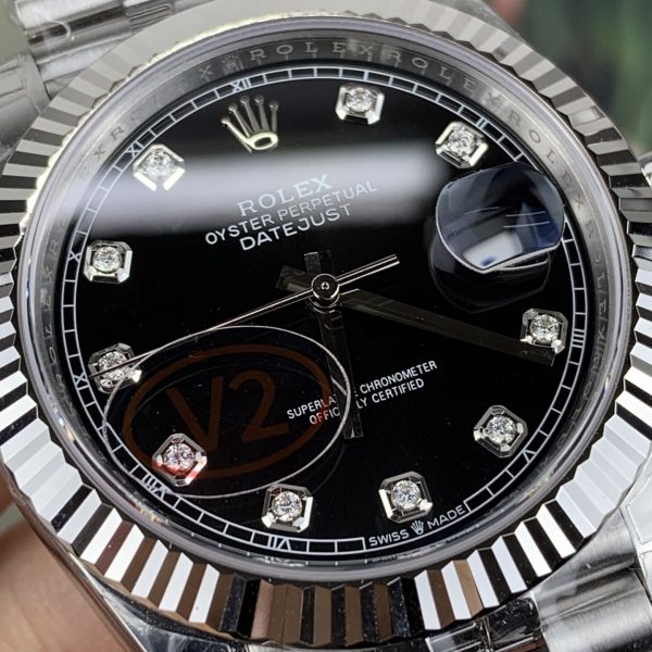 VS Factory (V2) Rolex Datejust 41mm Deep Black Diamond Dial Fluted Bezel Jubilee Bracelet (126334) — detail view 3