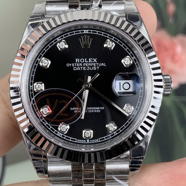 VS Factory (V2) Rolex Datejust 41mm Deep Black Diamond Dial Fluted Bezel Jubilee Bracelet (126334) — detail view 2