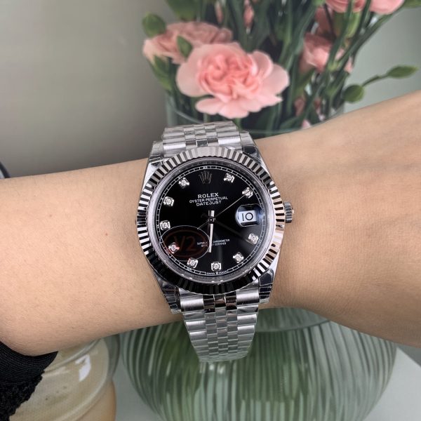 VS Factory (V2) Rolex Datejust 41mm Deep Black Diamond Dial Fluted Bezel Jubilee Bracelet (126334) — detail view 9