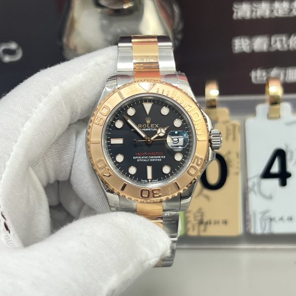 VS Factory Rolex Yacht-Master 44mm Black Dial Rosegold Bezel Two-Tone Rose Gold Oyster Bracelet (126621) — front product view