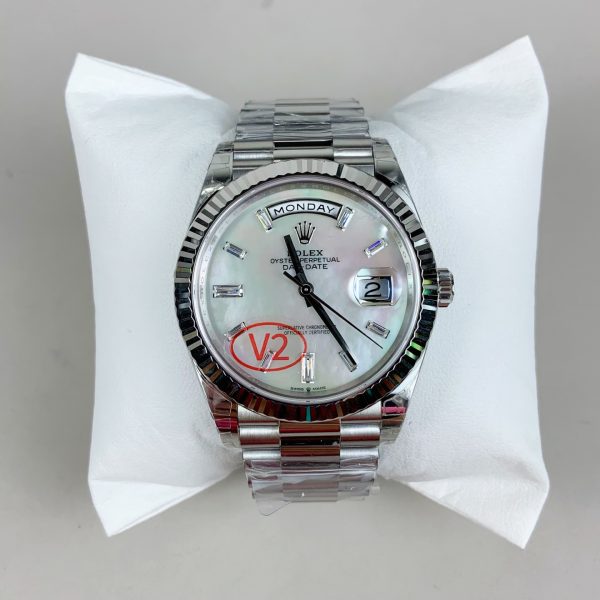 VS Factory Rolex Day-Date 40 White Mother of Pearl Baguette Diamond Dial (228236) — front product view
