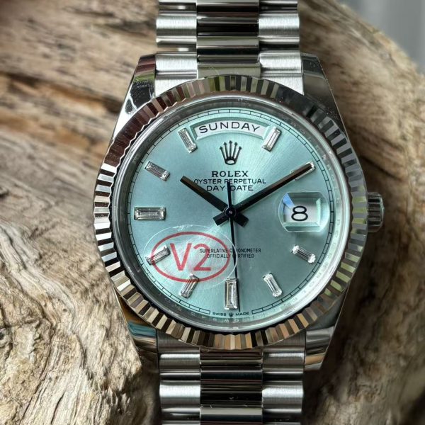 VS Factory Rolex Day-Date 40 Platinum Ice Blue Diamond Dial (228236) — front product view