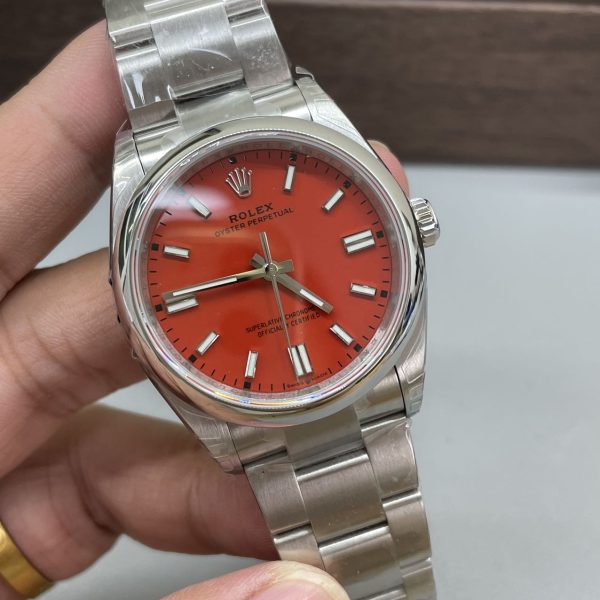 VS Factory Rolex Oyster Perpetual 36mm Coral Red Dial Smooth Bezel Oyster Bracelet (126000) — detail view 2