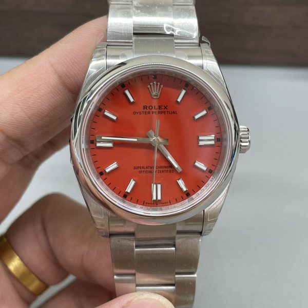 VS Factory Rolex Oyster Perpetual 36mm Coral Red Dial Smooth Bezel Oyster Bracelet (126000) — detail view 1