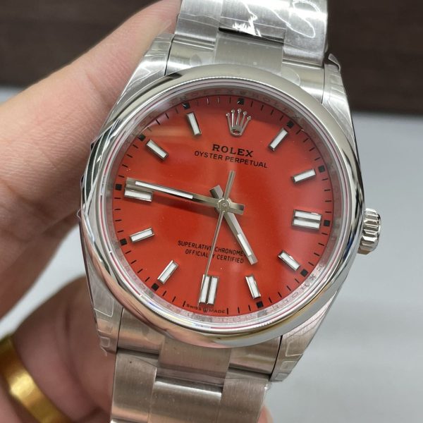 VS Factory Rolex Oyster Perpetual 36mm Coral Red Dial Smooth Bezel Oyster Bracelet (126000) — detail view 3